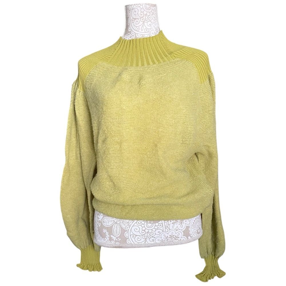 Free People Chartreuse Balloon Sleeve Sweater Cozy Chic Crew Neck Small S - Picture 2 of 11